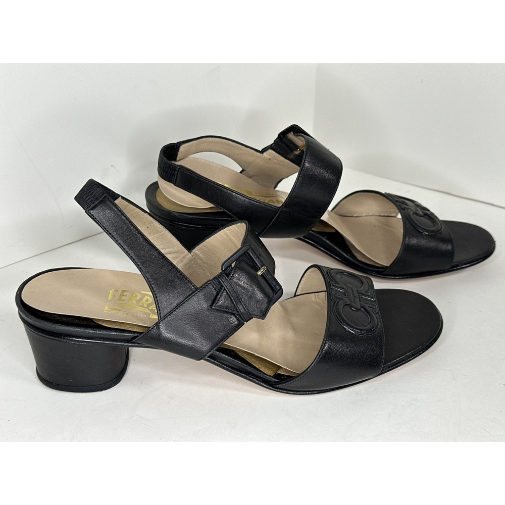Salvatore Ferragamo‎ Black Strappy Leather Heel Sandal Women's Shoe Size 10
